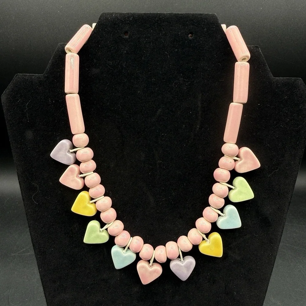 Vtg. Flying Colors Hand Painted Ceramic Pastel Heart‎  Necklace Candy Valentines